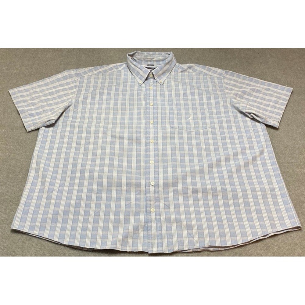 Nautica Button Down Shirt Mens 3X Blue Plaid 80s Two-Ply Cotton Short Sleeve